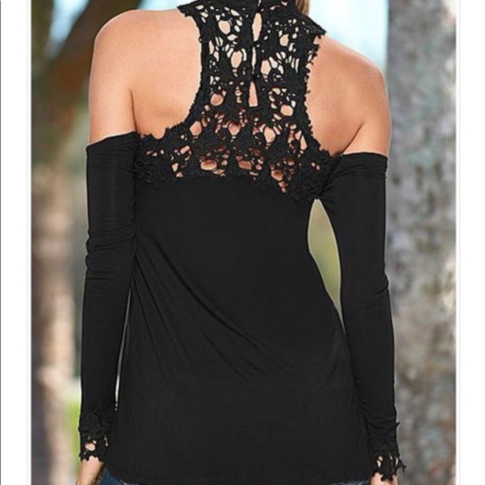 High Neck Patchwork Work Cold Shoulder Top - Picture 3 of 3